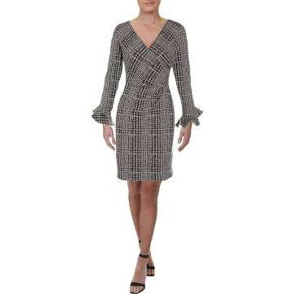 Lauren Ralph Lauren Tweed Sheath Dress Ruffle Sleeve V- Neck Black White 2P Work